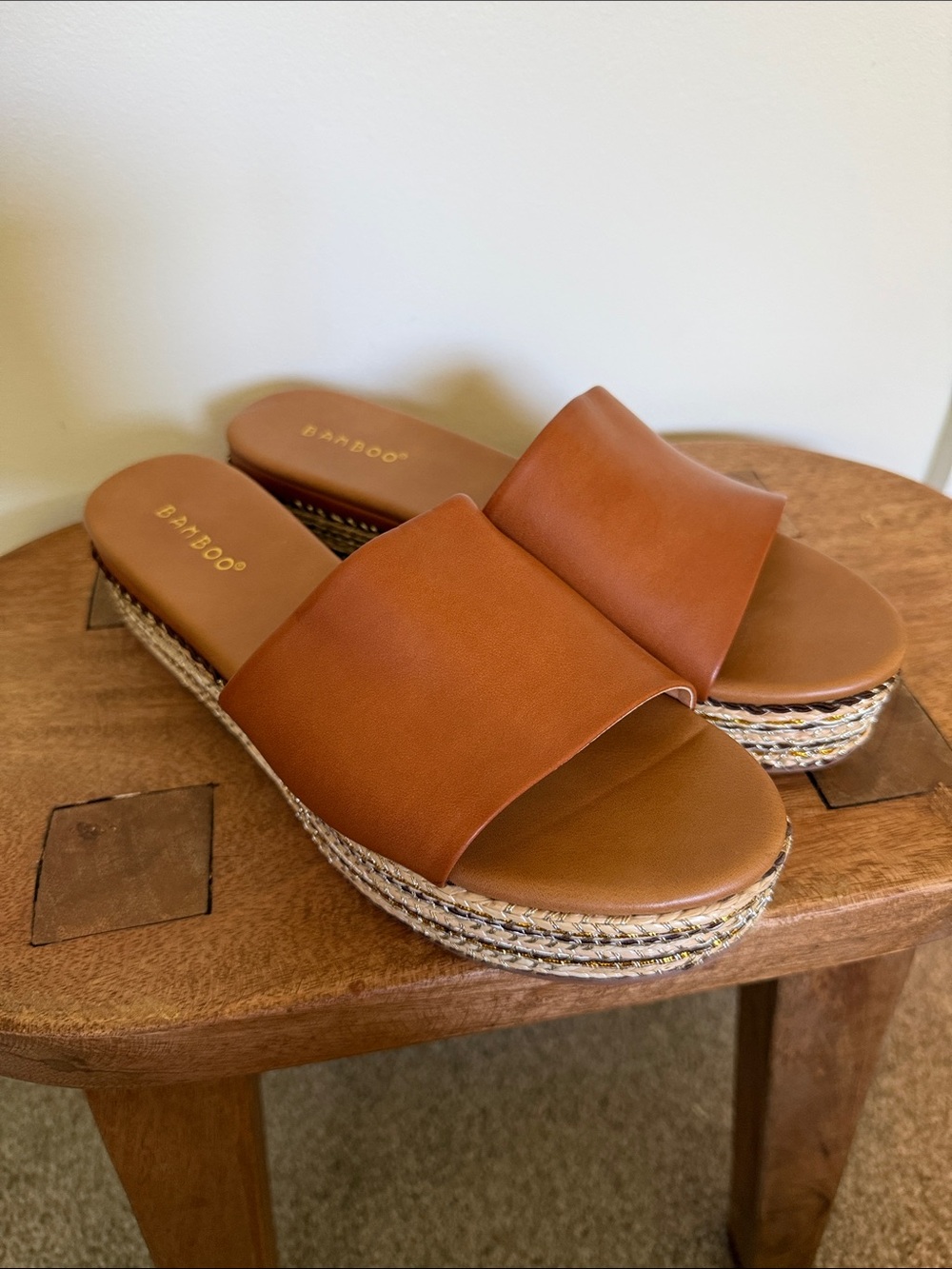 BAMBOO Cognac Slide Mules with Braided Platform